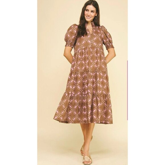 Pinch Printed Midi Dress Women Large Brown Prairie Peasant Boho Cottage Milkmaid - Picture 1 of 12